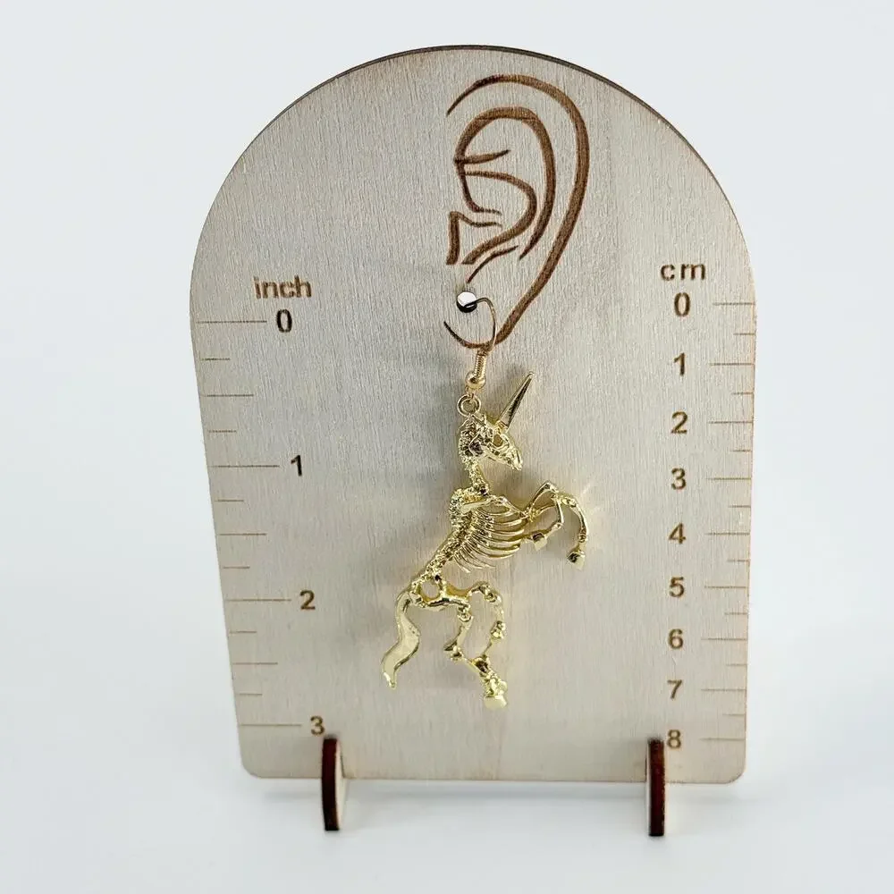 Gold Unicorn Skeleton Earrings, Magical Pony Jewelry, Gothic Jewelry